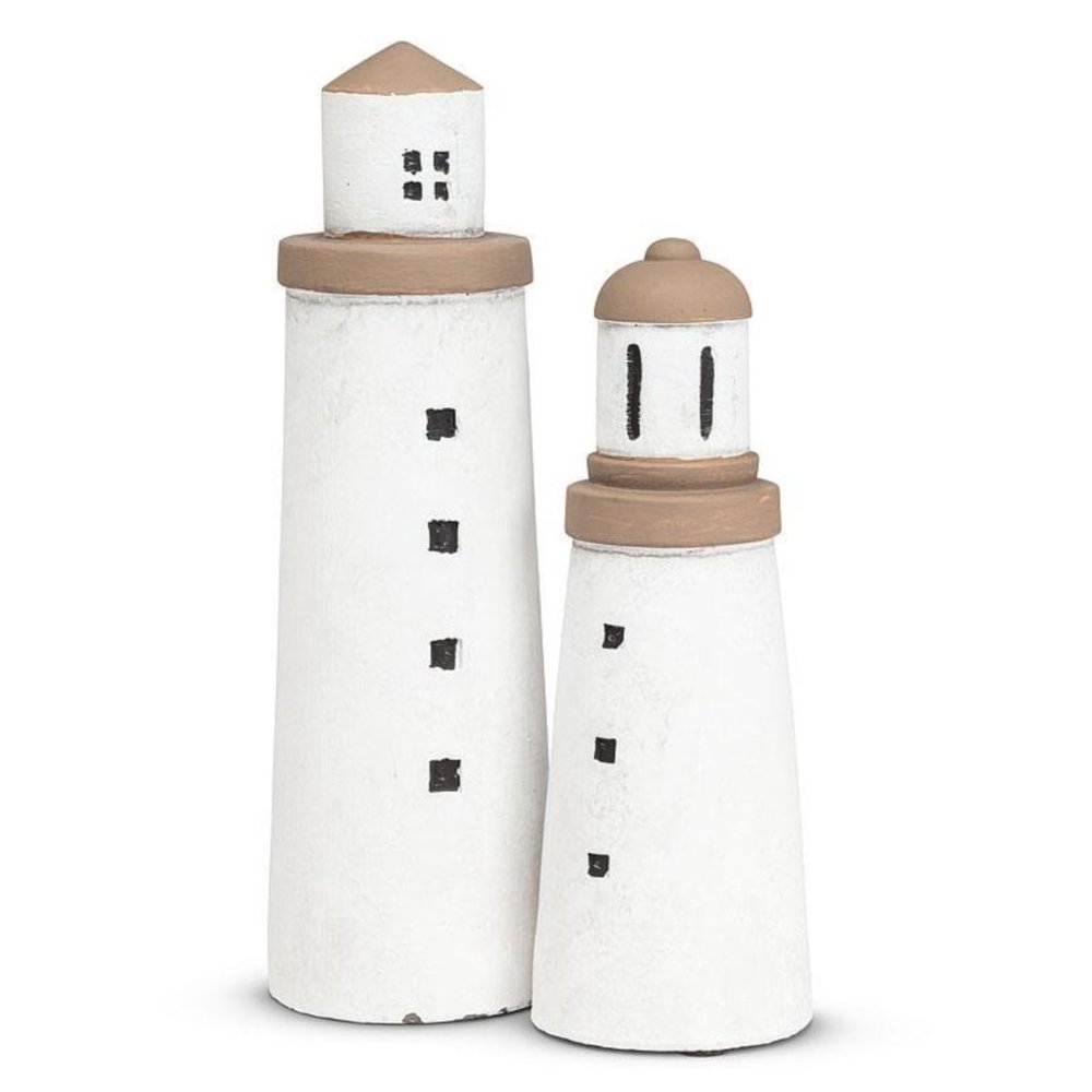 Set of 2 Cement Lighthouse Decor 7" & 9" - Coastal Cottage Decor